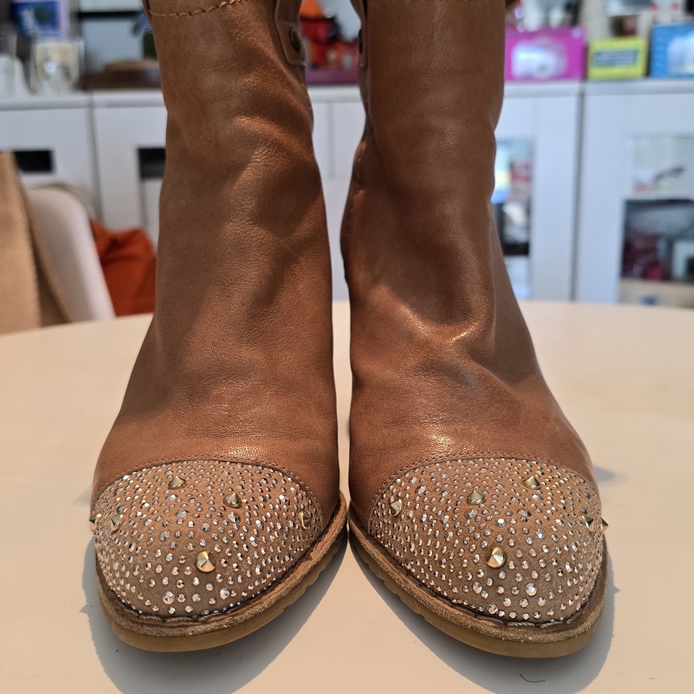 Stuart Weitzman Tan Studded Ankle Boots